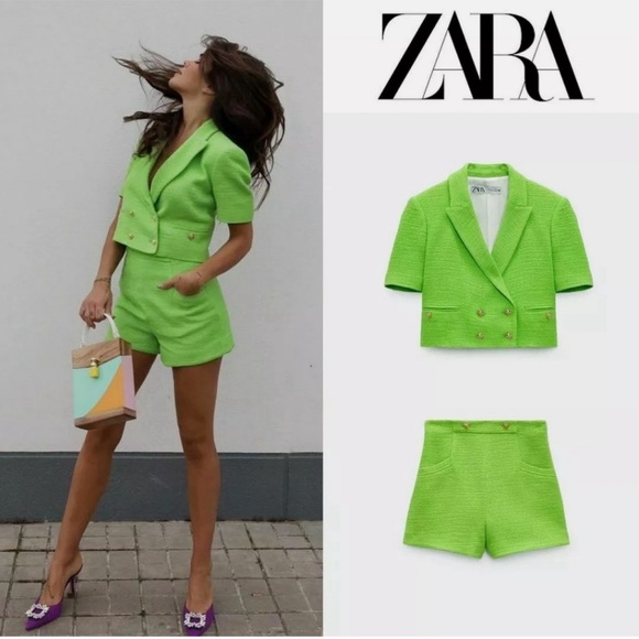 Zara Textured Crop Neon Green Blazer - Picture 2 of 6